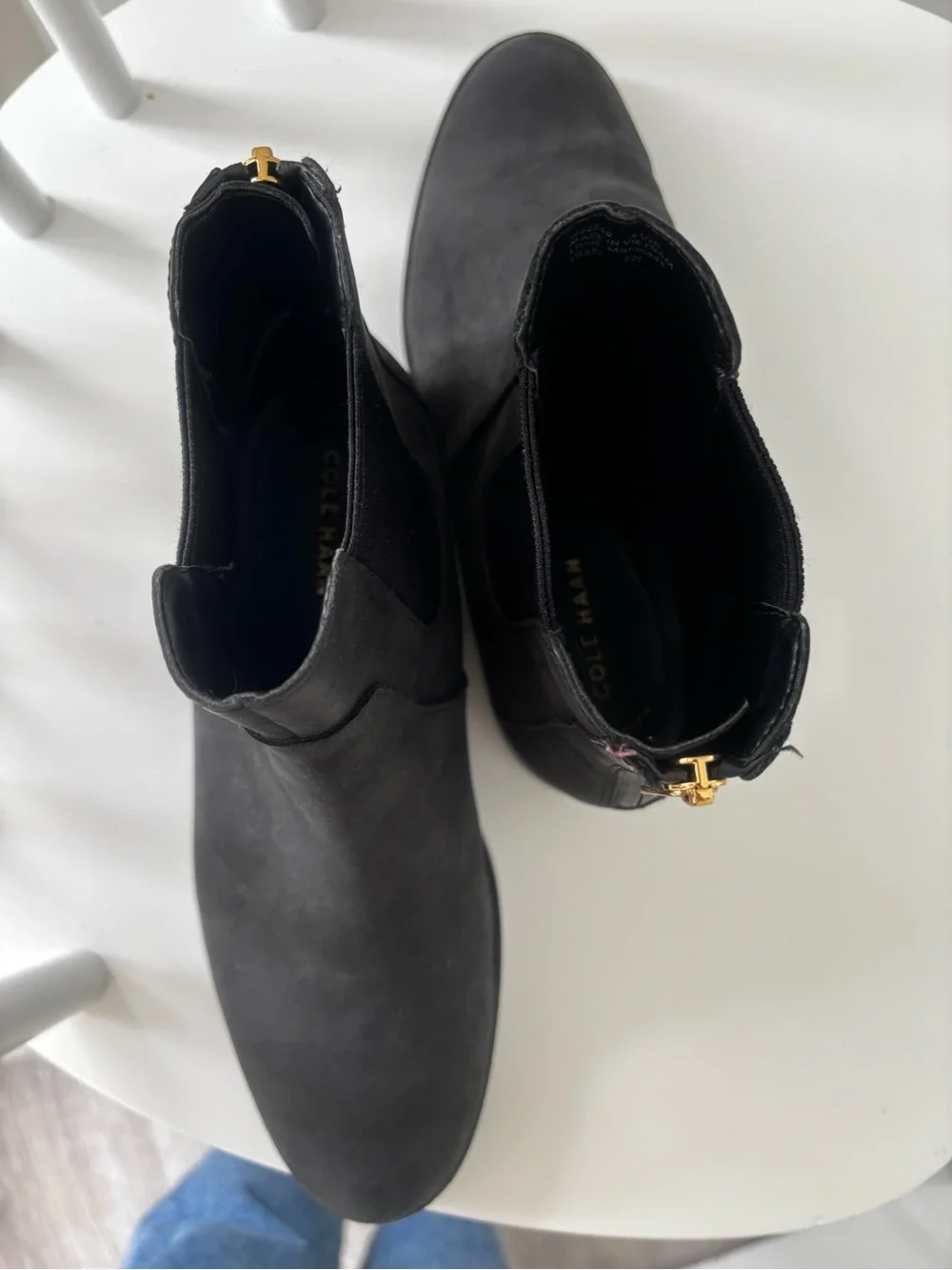 Cole Haan Black Chelsea Ankle Boots with Gold Back Zip